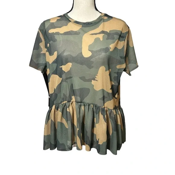 Zara Trafaluc Camo Fatigue Sheer Peplum Top Hi Lo Oversized Sz M - Picture 4 of 9